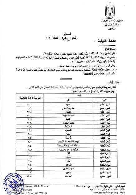 اسعار المواصلات داخل وخارج المنوفية بعد زيادة سعر السولار اليوم الاربعاء 13/7/2022