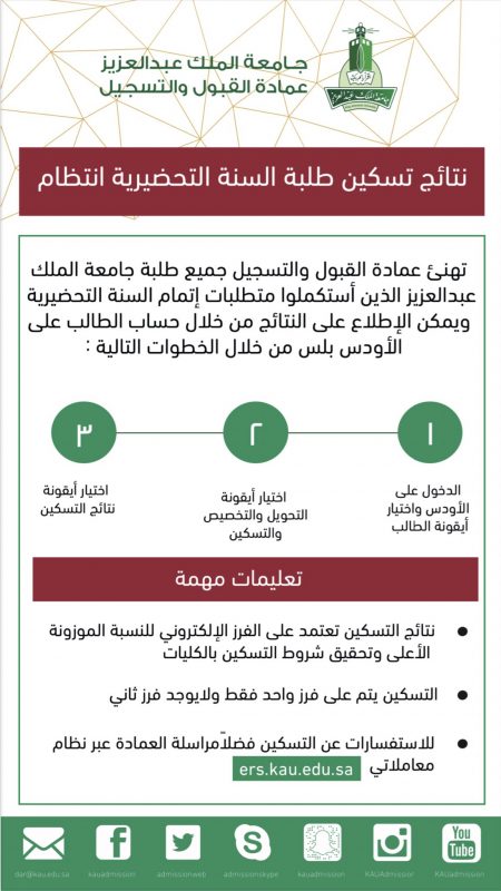 نتيجة التسكين جامعة الملك عبدالعزيز 1444/1443 والتسجيل الالكتروني